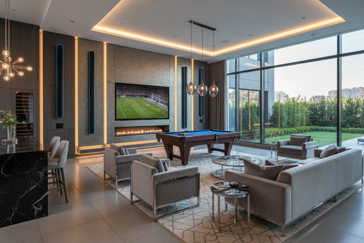 genearate an image of a linge enetratinemt hoom room where there is an advacn ed speaker system wns large tv and a pool table