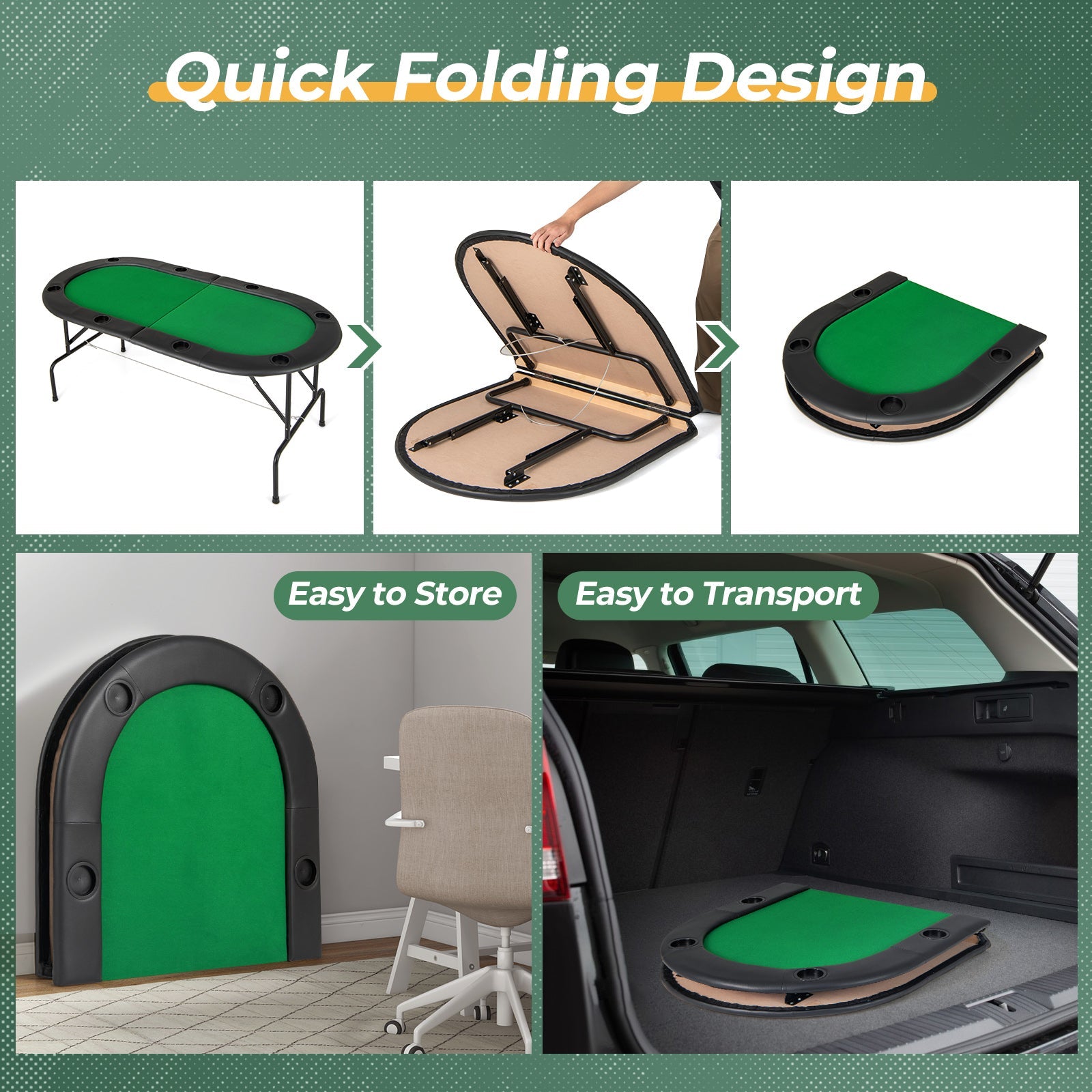 8 Players Texas Holdem Foldable Poker Table-Green